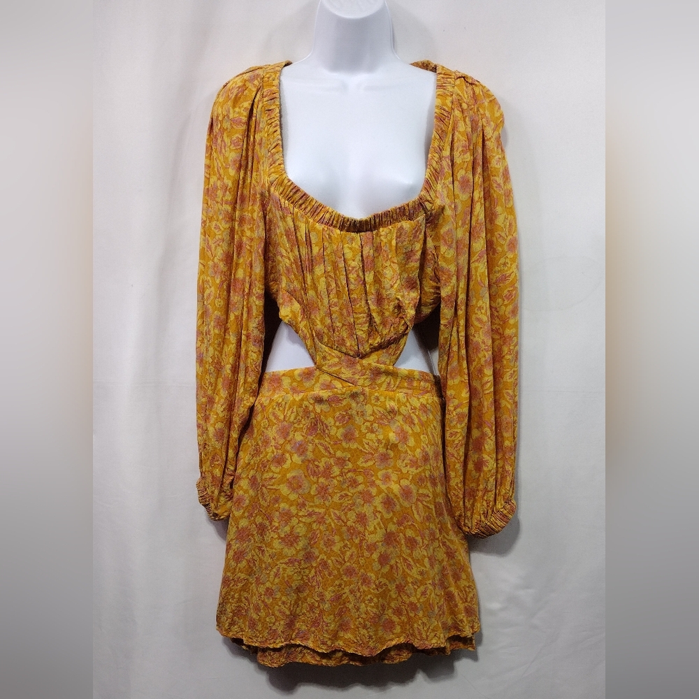 Free People Jael Mini Dress Women's M Yellow Floral Artsy Cottagecore Peasant - Picture 4 of 13